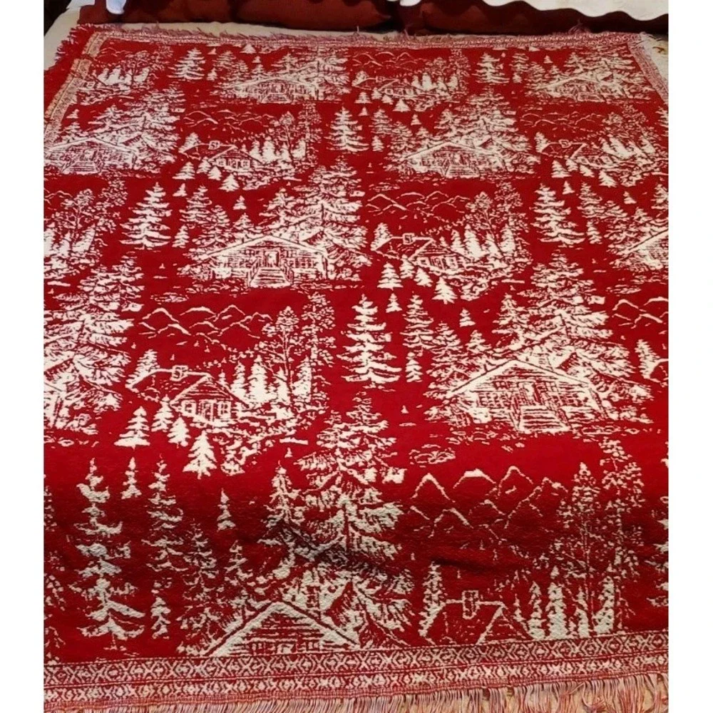Brooks Brothers Red Chenille Christmas‎ Trees Houses Throw Blanket Fringe 50x70